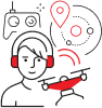 Group Person with headset controlling drone via smartphone